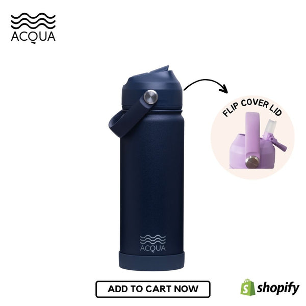 Acqua Flip Sip & Go! Double Wall Insulated Stainless Steel Water Bottle Deep Ocean Blue 18 oz