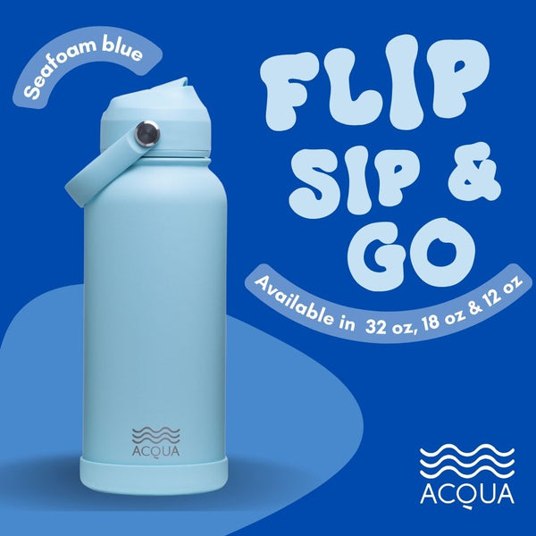 Acqua Flip Sip & Go! Double Wall Insulated Stainless Steel Water Bottle Seafoam Blue 32oz
