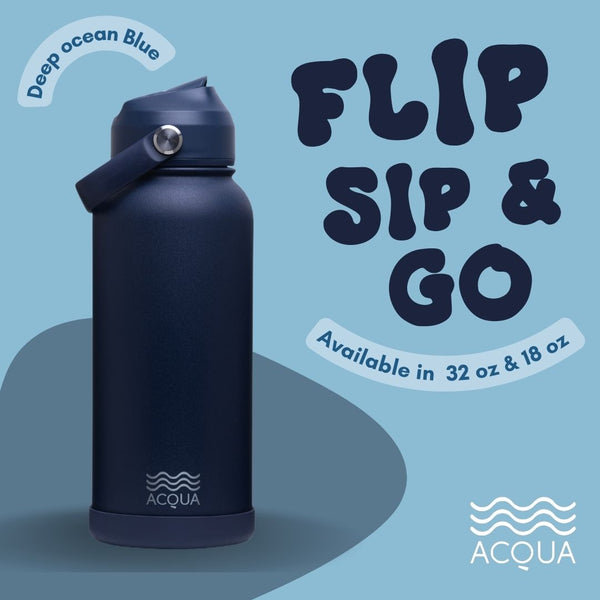 Acqua Flip Sip & Go! Double Wall Insulated Stainless Steel Water Bottle Deep Ocean Blue 18 oz