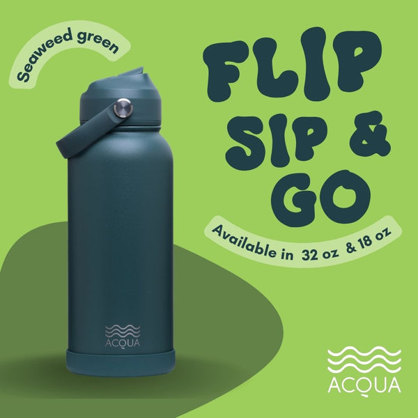 Acqua Flip Sip & Go! Double Wall Insulated Stainless Steel Water Bottle Seaweed Green 32oz