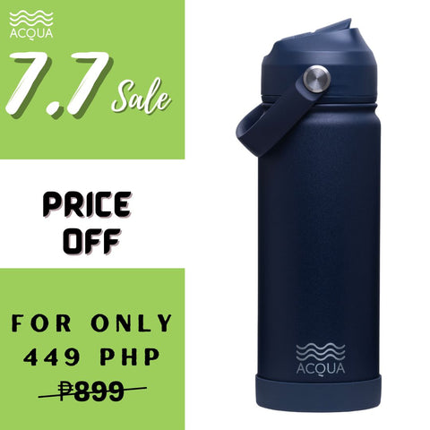 Acqua Flip Sip & Go! Double Wall Insulated Stainless Steel Water Bottle Deep Ocean Blue 18 oz