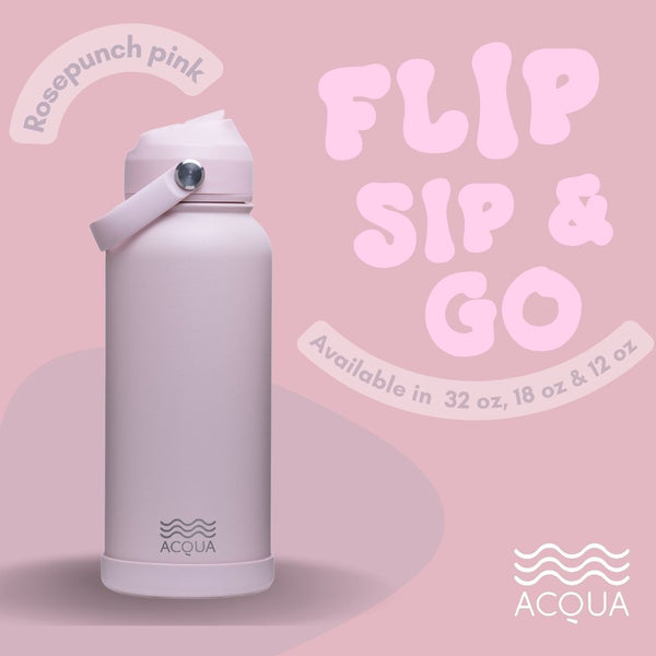 Acqua Flip Sip & Go! Double Wall Insulated Stainless Steel Water Bottle Rose Punch Pink 12 oz
