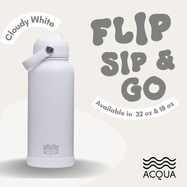 Acqua Flip Sip & Go! Double Wall Insulated Stainless Steel Water Bottle Cloudy White 32oz