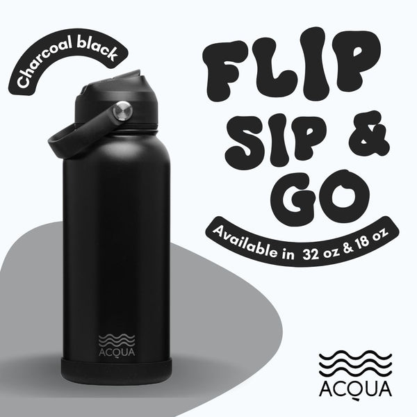 Acqua Flip Sip & Go! Double Wall Insulated Stainless Steel Water Charcoal Black 18 oz